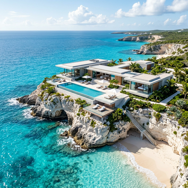 Vibrant aerial teal reef with white yacht